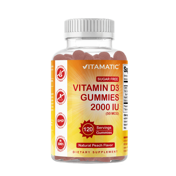 Vitamatic Sugar Free Vitamin D3 2000 IU - 120 Pectin Based Gummies - Great Taste - Healthy Bones, Mood & Immune System Function - Non-GMO - 120 Servings