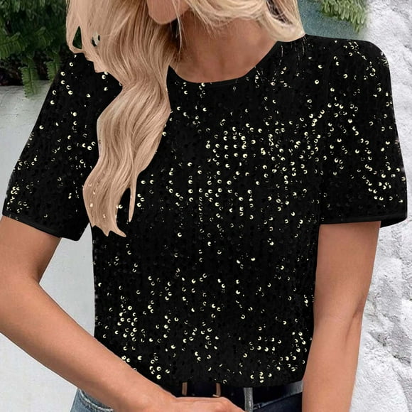 Holiday Deals Iumwxz Sequin Casual Dressy Blouses Cute Summer Tops for Women Solid Tops Lace Crewneck Short Sleeve Blouse Tops for Ladies Trendy Vacation
