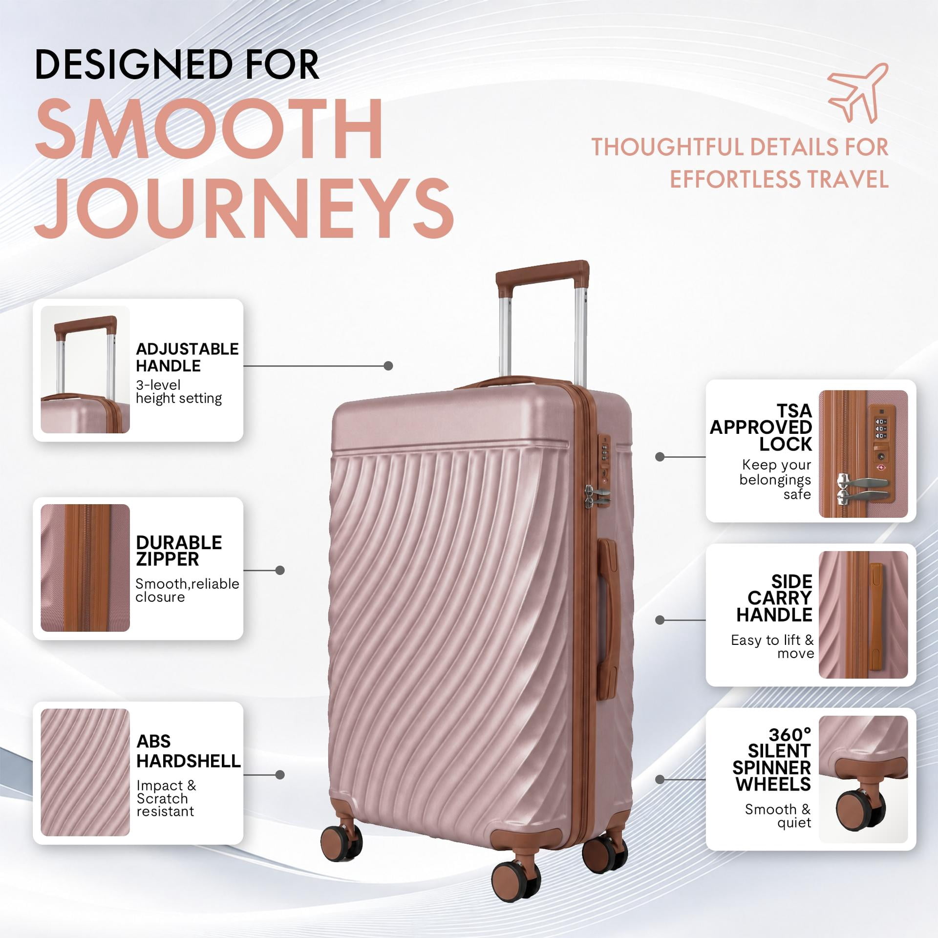 3-Piece ABS Hardshell Luggage Set, Lightweight Durable Suitcases with 4 Silent Spinner Wheels & TSA Lock, Wave-Embossed Scratch-Resistant Shell, 20/24/28 Inch, Rose Gold