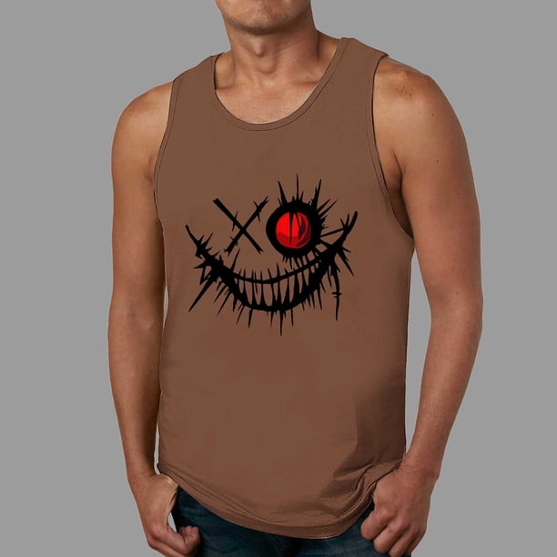 Ceisia Men's Slim Fit Crew Neck Sleeveless Tank Top Edgy Demon Smile Graphic Print Athletic Shirt Coffee L Gifts