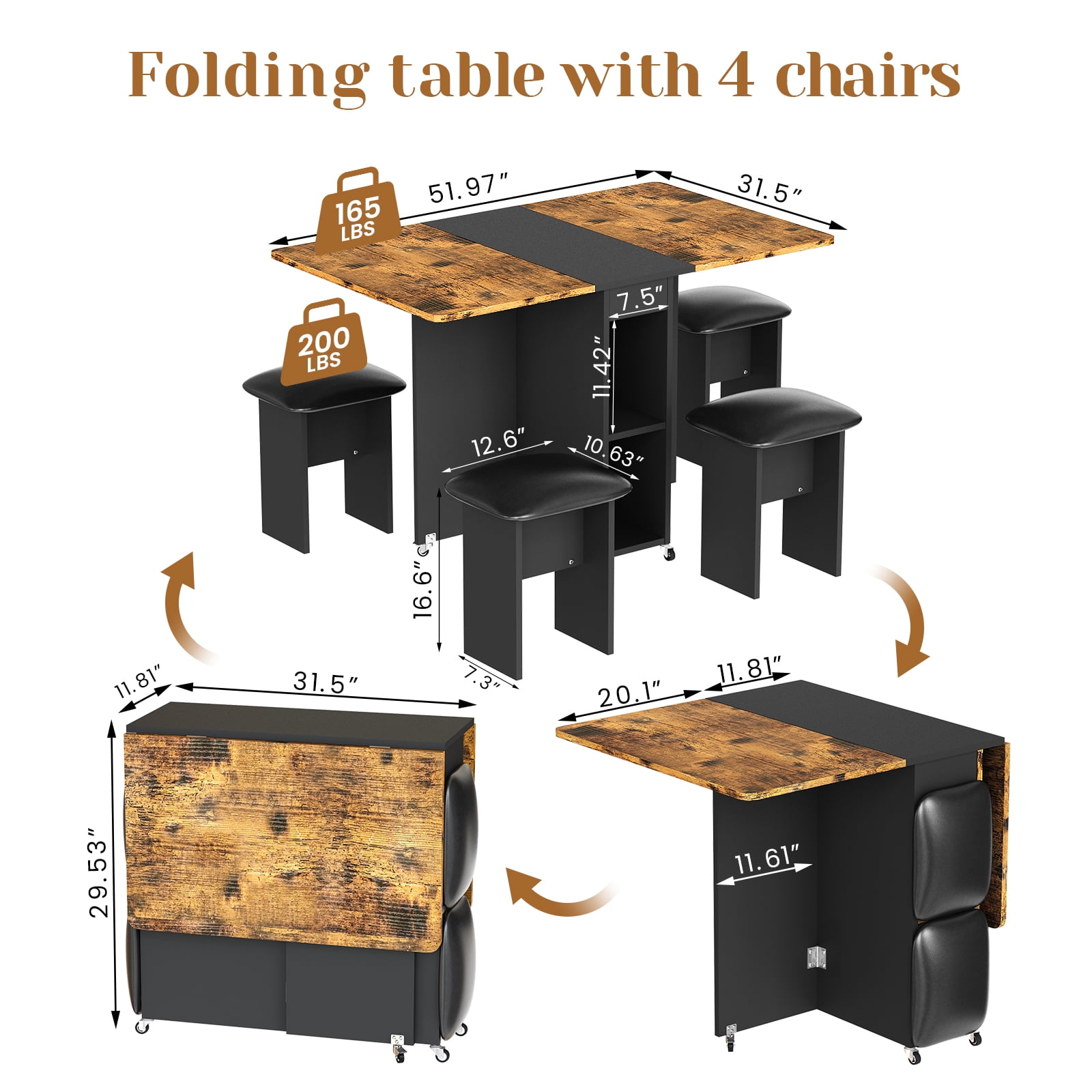 Baxluxe Folding Kitchen Table with Chairs,Dining Table Set for 4,Drop Leaf Table with 6 Wheels,Expandable Dining Table,Multifunction Expandable Table for Living Room, Folding Kitchen Table