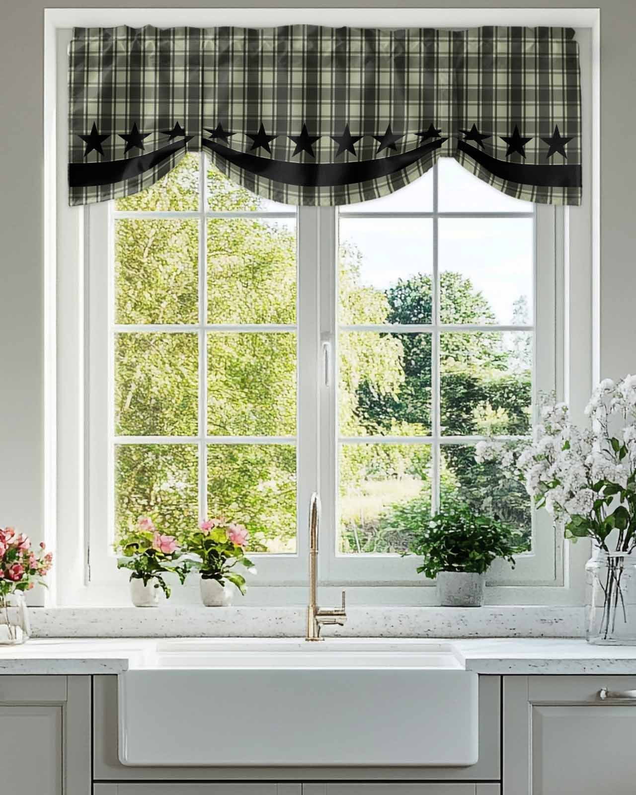 Checkered Stars Tie Up Valances Curtain, Adjustable Kitchen Sage Green Black Plaid Art Valances for Windows Decor, Rod Pocket Short Curtains Set for Bedroom/Bathroom, 54"x18"