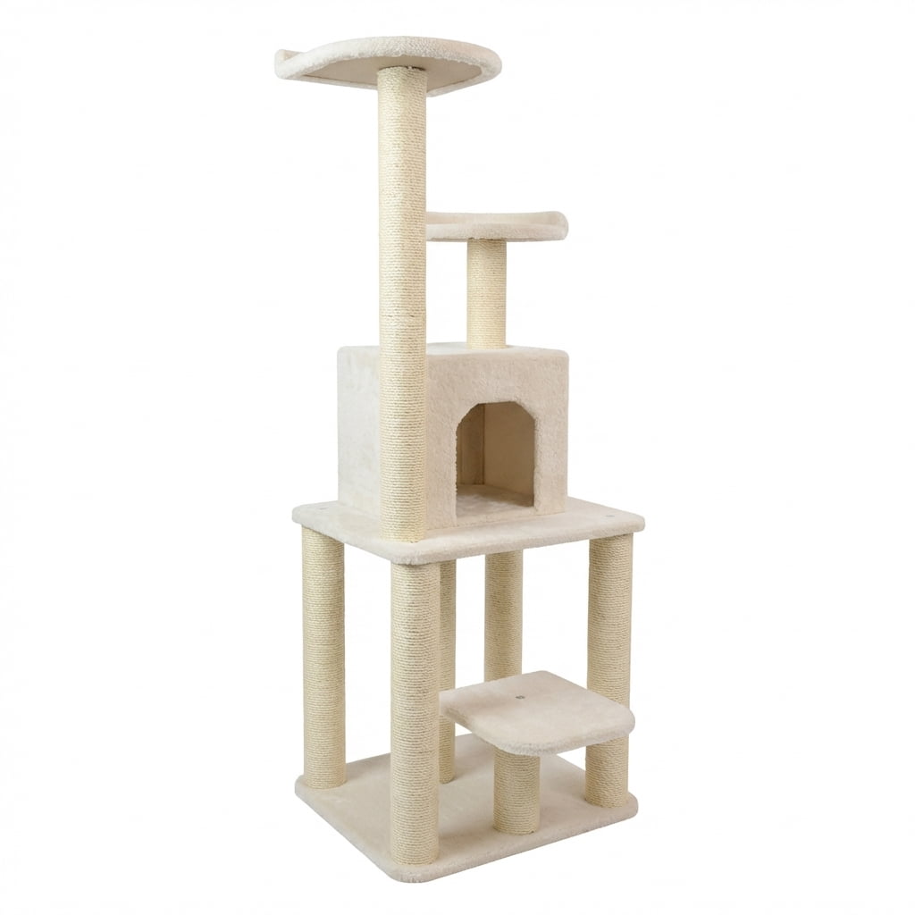 Multi-Level Cat Tree Tower with Sisal Scratching Posts, Cozy Condo, Perches and Hanging Toy, Beige, 62 Inches Height