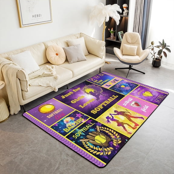 Erosebridal Softball Rugs For Bedroom 4'11" x 3'3", Sports Theme Living Room Rug, Purple, Non Slip