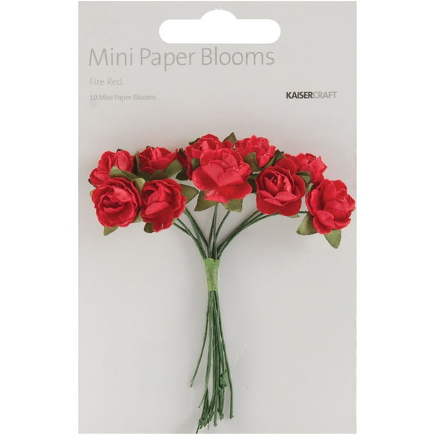 Mini Fleurs en Papier.5" avec Tiges en Fil 10/pkg-Feu Rouge