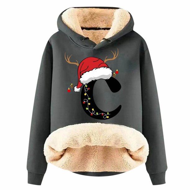 WILLBEST Sudaderas para Mujer, Sudadera con Capucha Estampada con Letras Navideñas, Lana Gruesa, Cálida para Invierno, Estilo Pullover, Sudadera de Moda XX-Grande