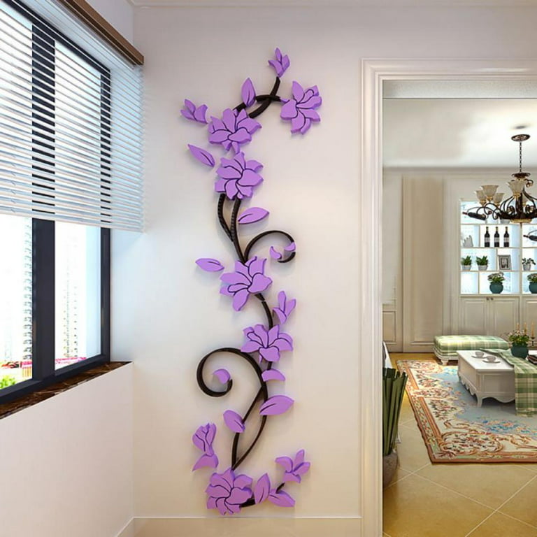 3D Flower Wall Stickers DIY Removable Art Vinyl Wall Stickers Vase Flower  Tree Decal Mural Home Decor Home Bedroom Decoration (Light Purple,  9.45*31.49 inch) 
