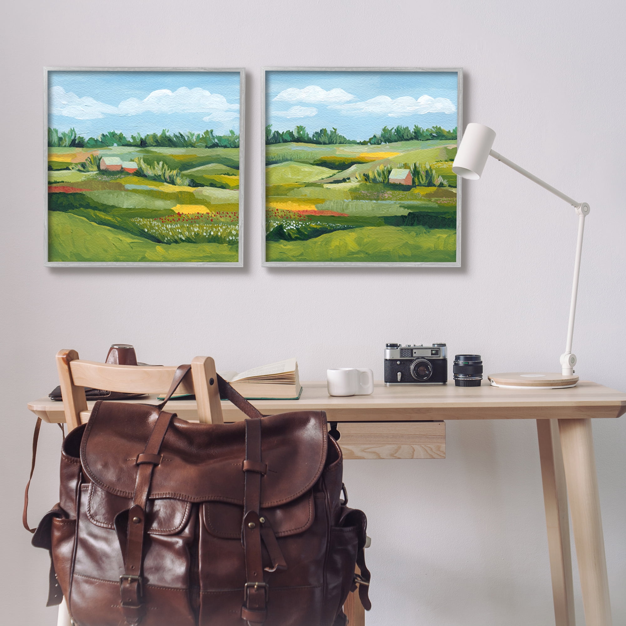 Stupell Rural Country Farm Pastures Landscape Painting Gray Framed Art Print Wall Art, Set of 2