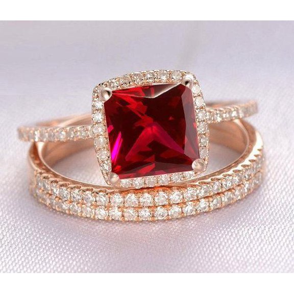 3 Carat Red Ruby 6mm Princess cut and Moissanite Diamond Engagement Bridal Trio Wedding Ring Set in 10k Rose Gold