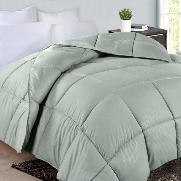 BLUENILEMILLS Microfiber Basketweave Comforter, Down Alternative Bedding, Medium Weight, Fluffy, Decorative, Plush Duvet Insert, Oversized Blanket, Box Quilt Design, Monochrome, King, Jade