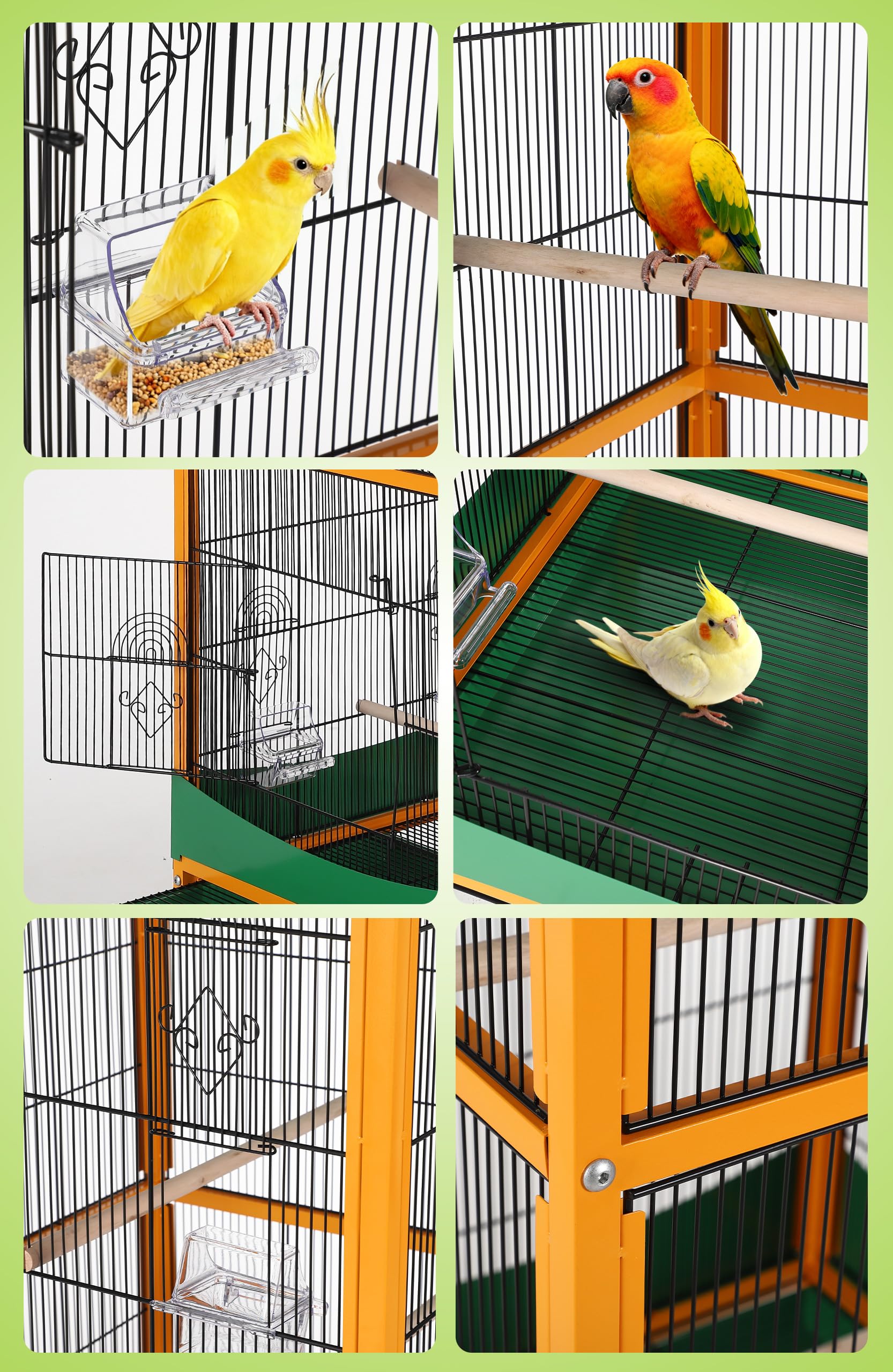 Ataucjin 66-inch Wrought Iron Rolling Large Parrot Bird Cage with Removeble Tray, Waterproof Roof, Easy to Clean, Lockable Caster, Indoor& Outdoor Application for African Grey Small Quaker