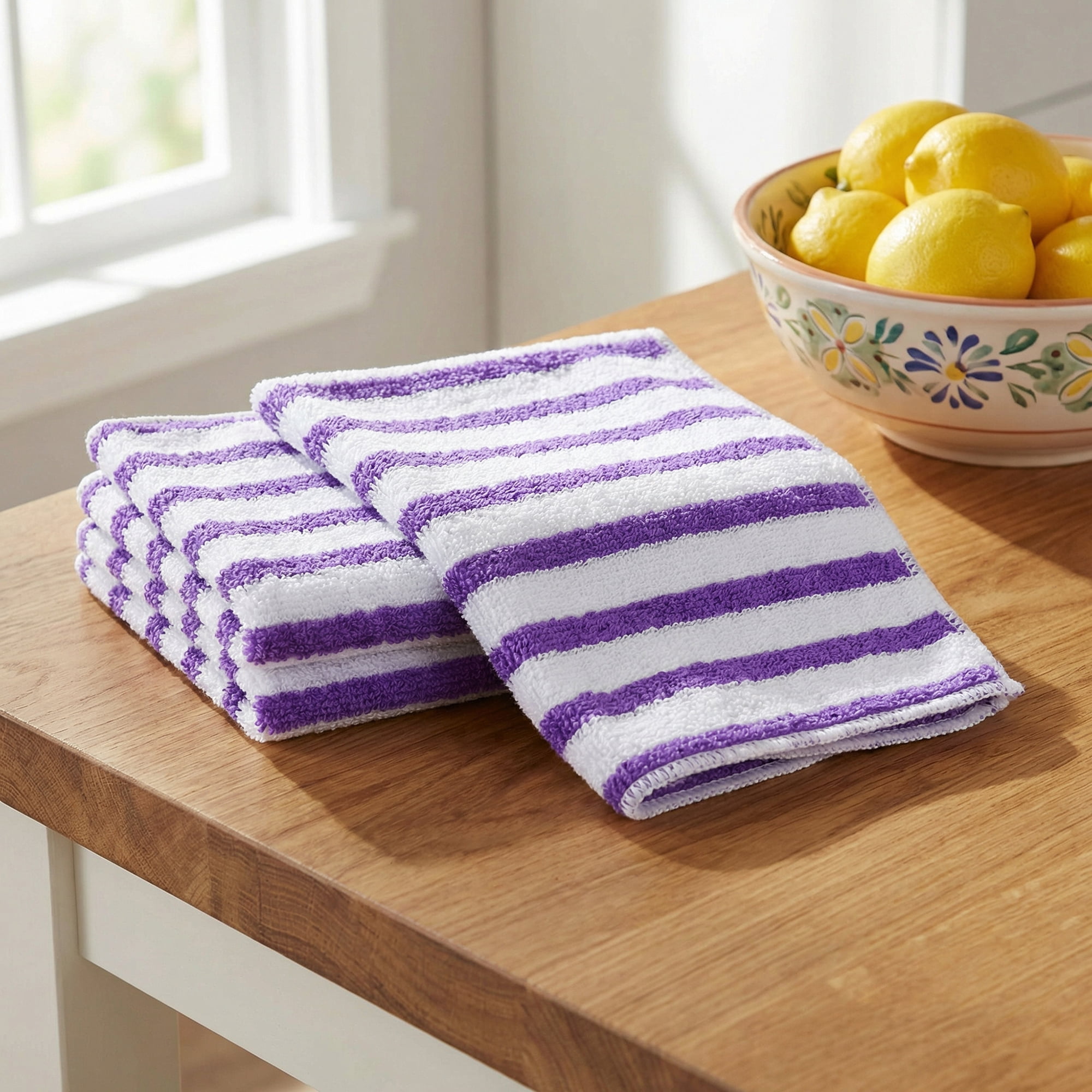Unique Bargains 6 Pack Wood Fiber Striped Reusable Towels Purple 9" x 7"