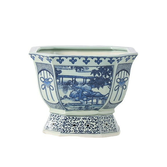 Chinese Style Ceramic Flower Pot, Decorative Plant Pot with Drainage Holes, Blue and White Bonsai Ceramic Pot for Home, Office, and Cafes, Garden Decoration, Office