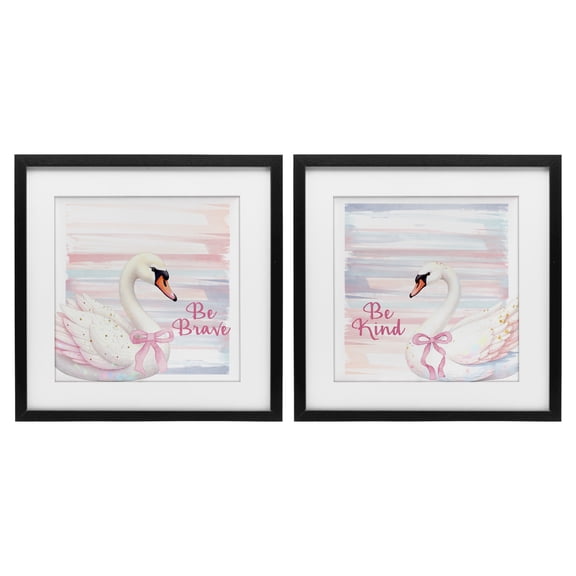 Be Brave & Kind Pastel Swan 2 Piece Black Framed Print Under Glass Set, design by Kim Allen