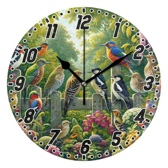 Various Birds on Wooden Fence Round Wall Clock Battery Operated Silent Non-Ticking Bedroom Office Kitchen Home School Decor 10"(Black)