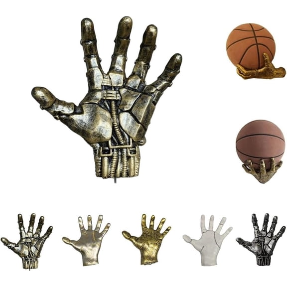 Mechanical Hand Wall Mounted Basketball Holder,Hand-Shaped Ball Storage Rack,Cool Basketball and Soccer Wall Decor Display Rack Display Rack,Punk Style Garage Ball Storage Organizer (Gold)