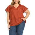 thumbnail image 5 of GRACE & GRANDEUR Women's Plus Size Easter Summer Tops Smocked Shoulder Jacquard Texture Ruffle Sleeve V Neck Casual Blouse Top 4X Orange Red, 5 of 7