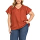 thumbnail image 4 of GRACE & GRANDEUR Blusas de verano de talla grande para mujeres, con hombros fruncidos, textura jacquard, mangas con volantes, escote en V, blusa casual 3X naranja roja, 4 of 6