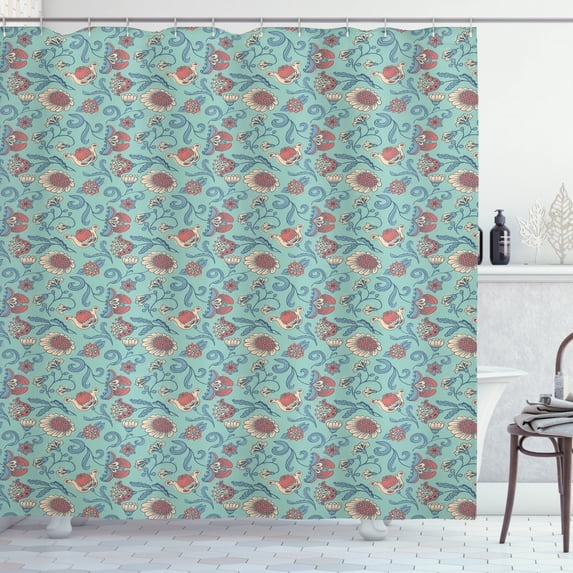 Vintage Shower Curtain, Ornamental Floral Composition Sketch Style Woodland Foliage Spring Illustration, Fabric Bathroom Set with Hooks, 69W X 75L Inches Long, Multicolor, by Ambesonne