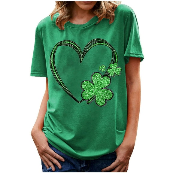 Patlollav Women Tees Under $10,Women's St. Patrick'S Day T-Shirt Shamrock Heart Print Round Neck Short Sleeve Casual Tops