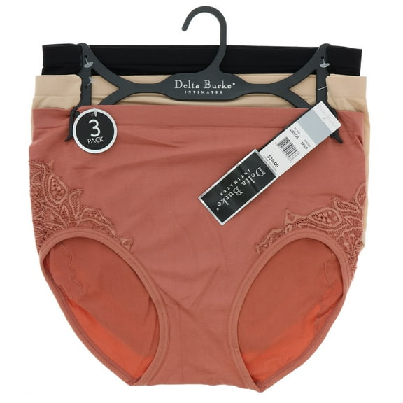 Delta Burke Women's Hi Rise Lace Trim Brief Panties - Black, Beige, & Coral - 1X-Large 8