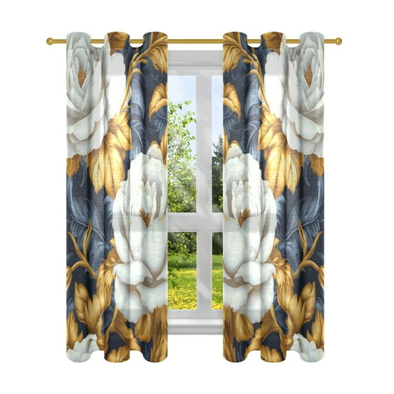 Gold Leaf White Flowers Semi Sheer Curtains for Living Room Bedroom Set of 2 Insulated Window Drapes