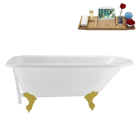 62" Streamline N4840GLD-WH Soaking Clawfoot Tub and Tray With External Drain in Glossy White and Polished Gold Clawfeet