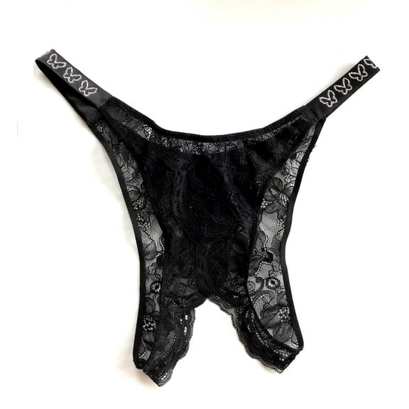 Victoria's Secret Shine Strap Brazilian Crotchless Panty in Black Lace Size X-Large NWT