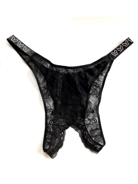 Shine Strap Butterfly Brazilian Crotchless Panty Black Lace Size Medium NWT
