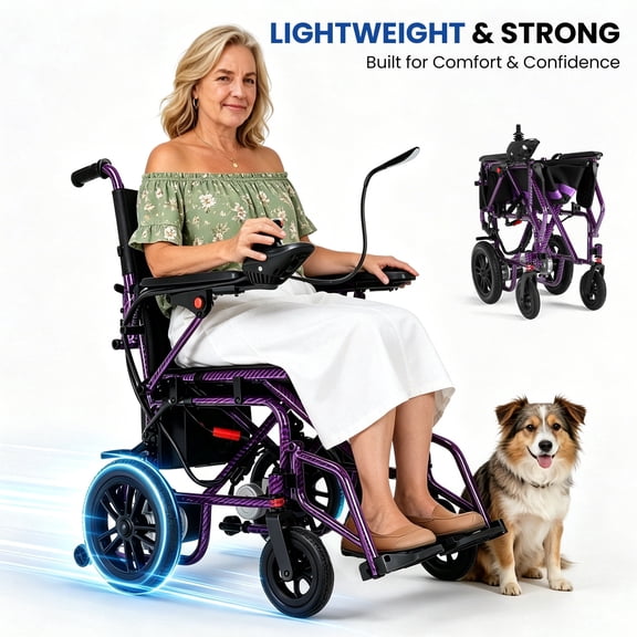 Electric Wheelchairs for Adults,Lightweight Foldable Wheelchair 15 Miles Long Travel Range, 360° Joystick Control Motorized Wheelchair, Support 286 lbs with LED Light Power Wheelchair (Purple)