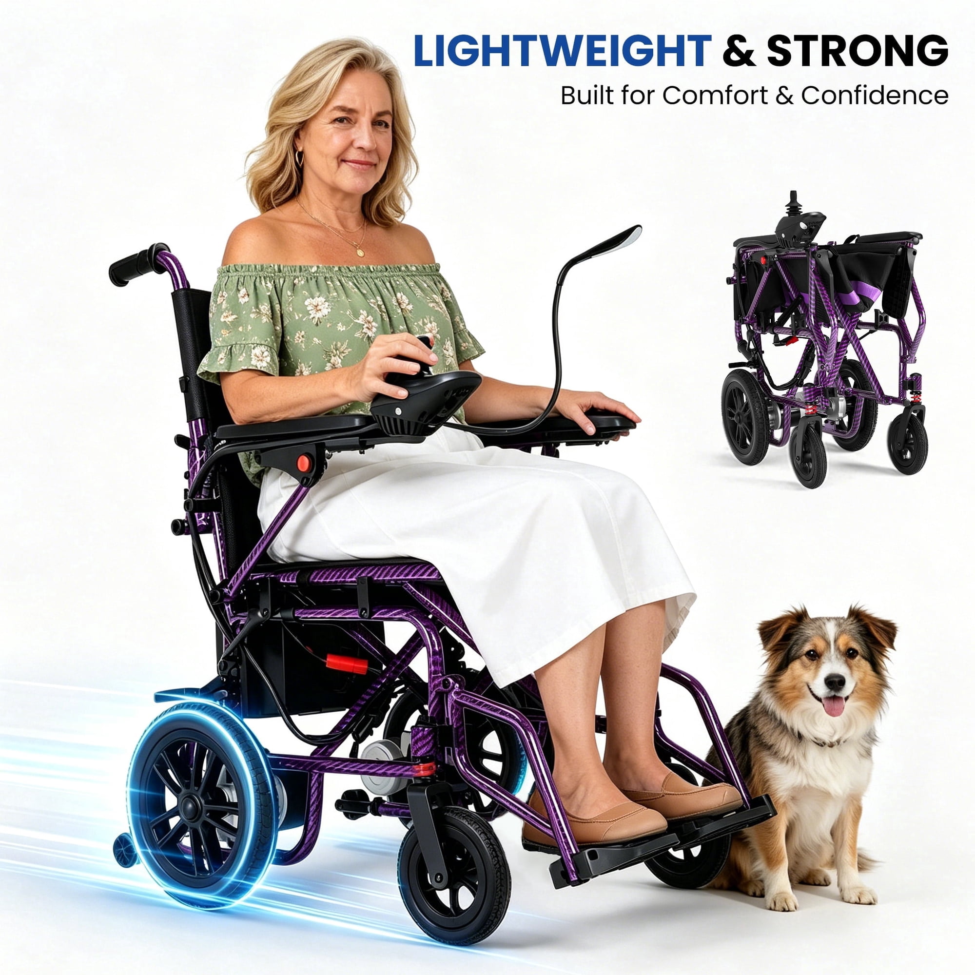 Electric Wheelchairs for Adults，Lightweight Foldable Wheelchair 15 Miles Long Travel Range, 360° Joystick Control Motorized Wheelchair, Support 286 lbs with LED Light Power Wheelchair (Purple)