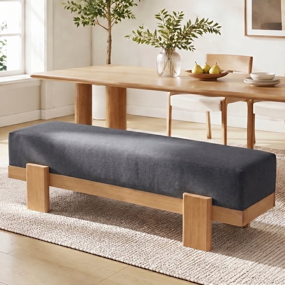 Haverchair Long Solid Wood Upholstered Bedroom Bench, Rectangular 56.7" Heavy Duty Footstool 660lbs End of Bed Shoe Benchs, Thick 8.1" Linen Cushion Ottoman Padded Bench for Entryway, Dining Room