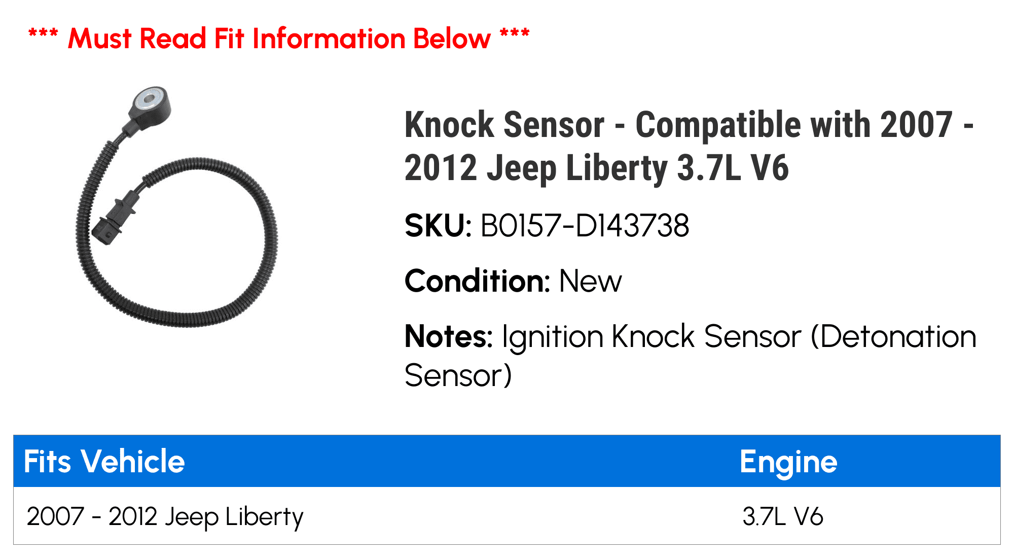 Knock Sensor - Compatible with 2007 - 2012 Jeep Liberty 3.7L V6 2008 2009 2010 2011