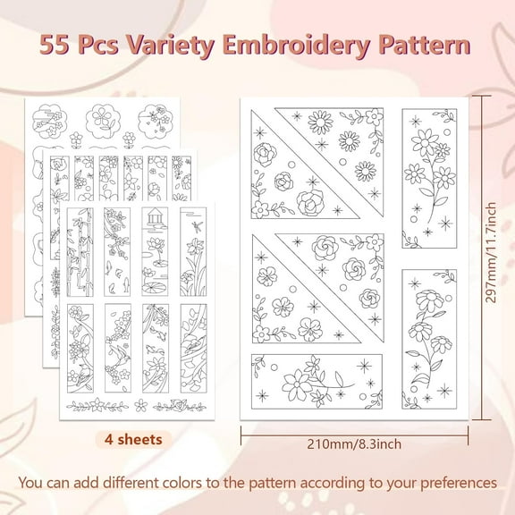 Water Soluble Embroidery Patterns for Beginners Floral Flower Bookmark 4 Sheets with 55pcs Patterns Wash Away Embroidery Pattern Stabilizer