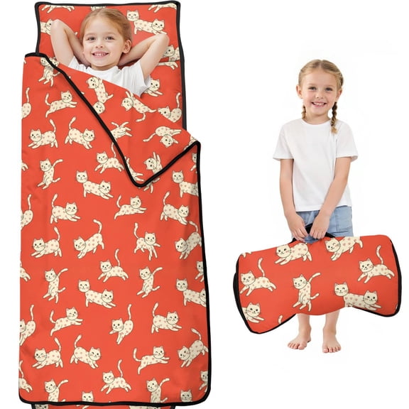 White Cat and Heart Red Pattern Teens Toddler Nap Mat with Pillow, Sleeping Mat Bag for Preschool Daycare 59"x22"