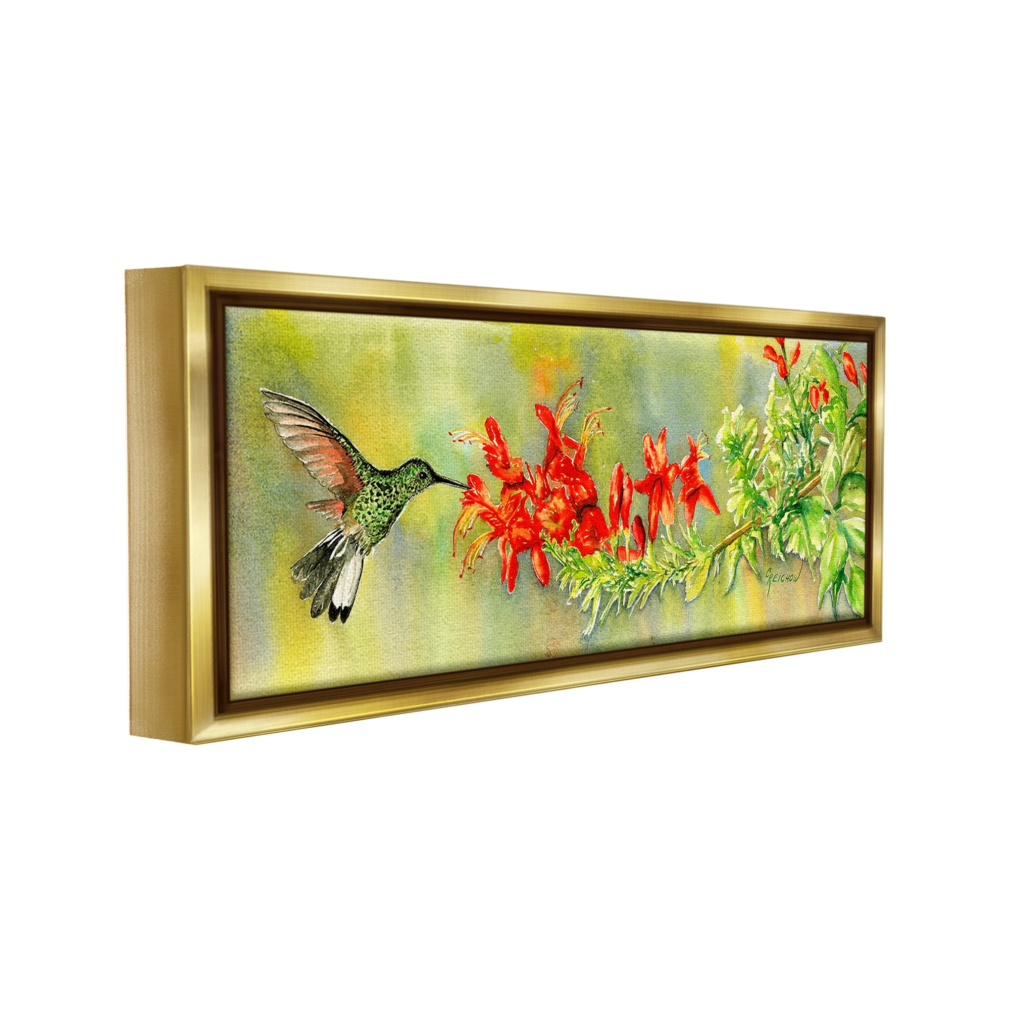 Stupell Industries Hummingbird & Red Lilies Animals & Insects Painting Gold Floater Framed Canvas Art Print Wall Art, 31 x 14