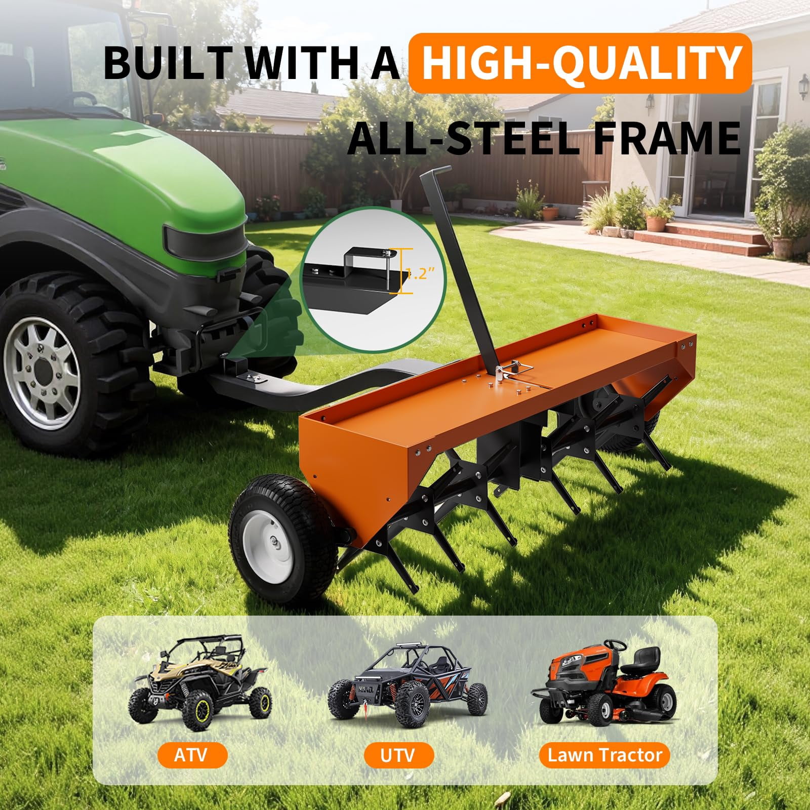GARVEE 40-Inch Tow Behind Plug Aerator for Lawn Tractor ATV,Heavy Duty Lawn Soil Core Aerator w/ 24 Steel Coring Tines,150 Lb Weight Tray,Universal Hitch,Inflatable Wheels,Orange