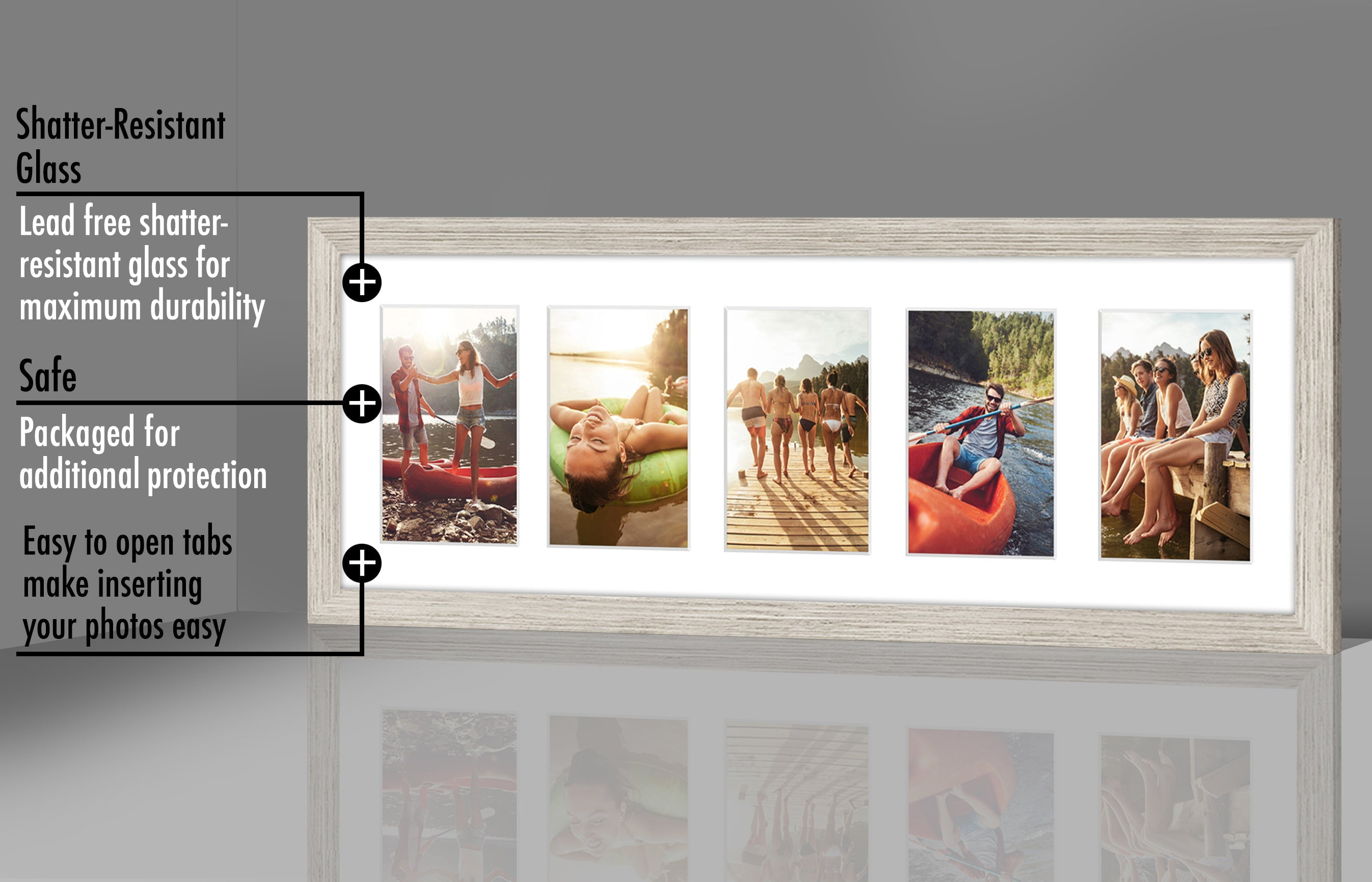Americanflat 8x24 Collage Picture Frame with Five 4x6 Displays in Driftwood - Composite Wood with Shatter Resistant Glass - Horizontal and Vertical Formats for Wall