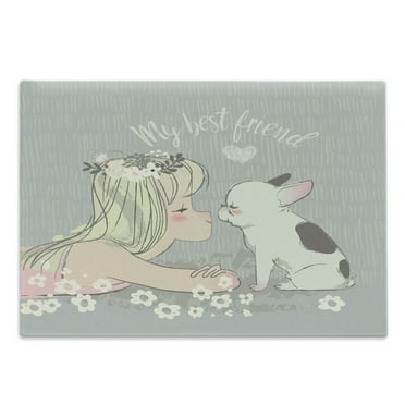 Dog Lover Cutting Board, Girl and Little Puppy Doodle with My Best Friend Calligraphy, Decorative Tempered Glass Cutting and Serving Board, in 3 Sizes, by Ambesonne