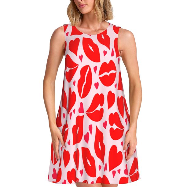 Easygdp Lips Kiss para Vestido Transpirable de Mujer, Vestido Suelto de Manga Corta con Pliegues y Bolsillos para el Verano