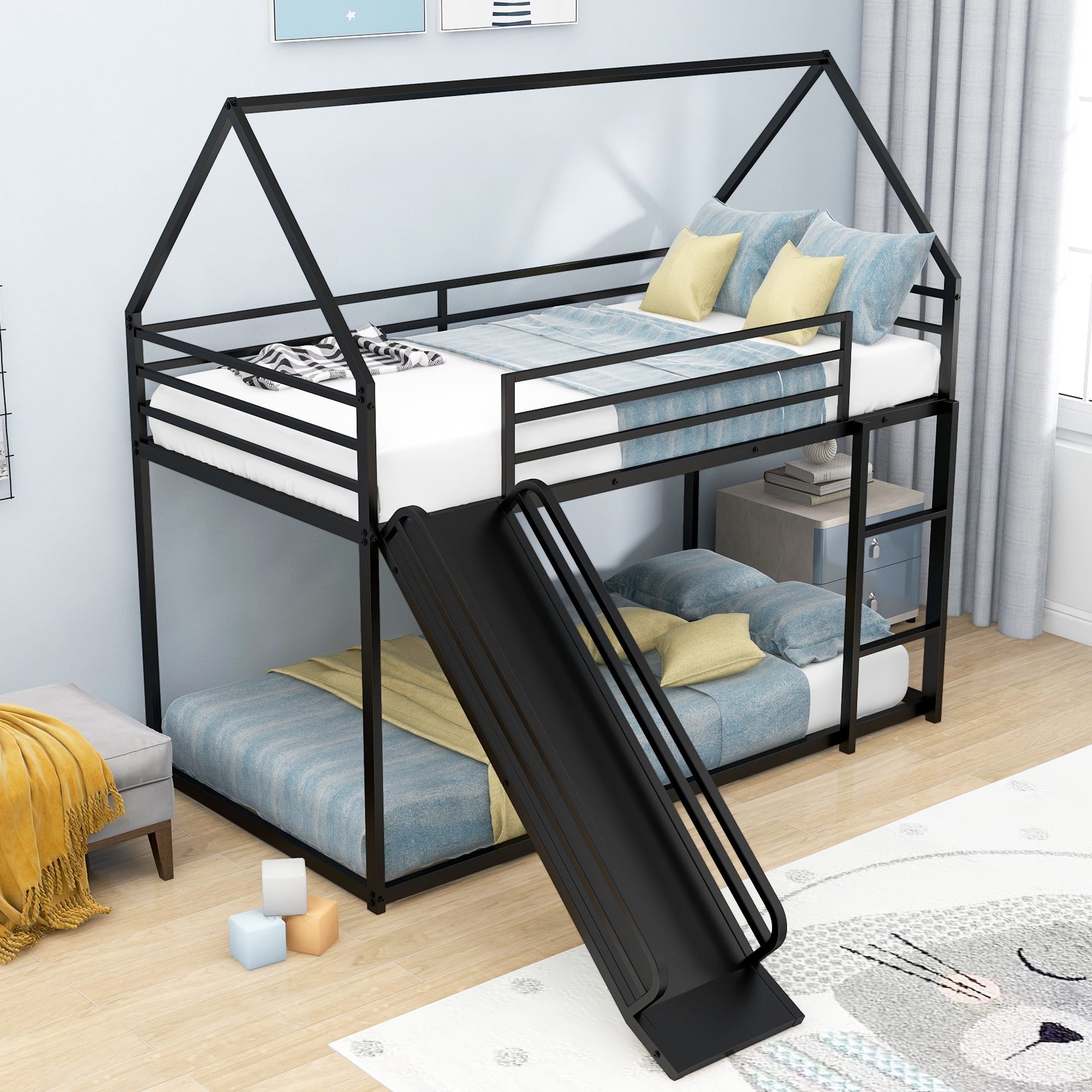Euroco Twin over Twin House Bunk Bed with Ladder and Slide for Bedroom
