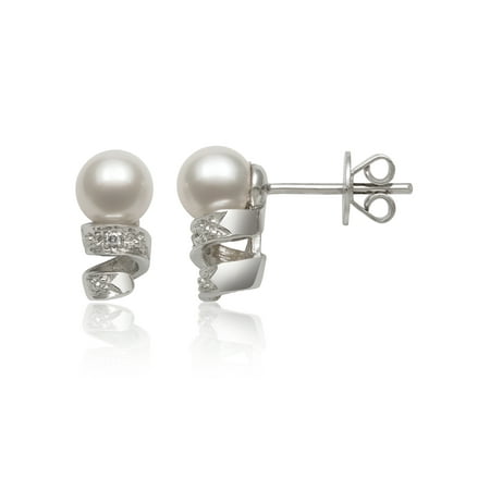 Diamond Pearl Stud 5-6mm Cultured Freshwater Pearl Diamond Accent Sterling Silver Swirl Stud Earrings ()