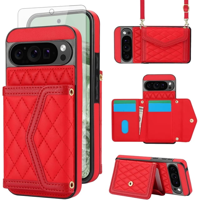 MYKOMI Phone Case Compatible with Google Pixel 9 Pro XL Wallet Cell Cover Tempered Glass Screen Protector RFID Blocking Credit Card Holder Crossbody Strap Stand Pixel9 9Pro 9ProXL Nine Women Girls
