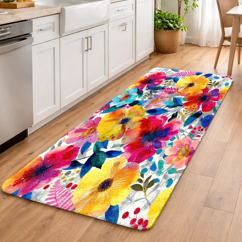 Waterproof Non-Slip Rubber Backed Flannel Floor Mat, Colorful Watercolor Floral, Machine Washable, for Indoor Outdoor Living Room Bedroom Kitchen Bathroom Balcony Porch Entryway Doormat Rug