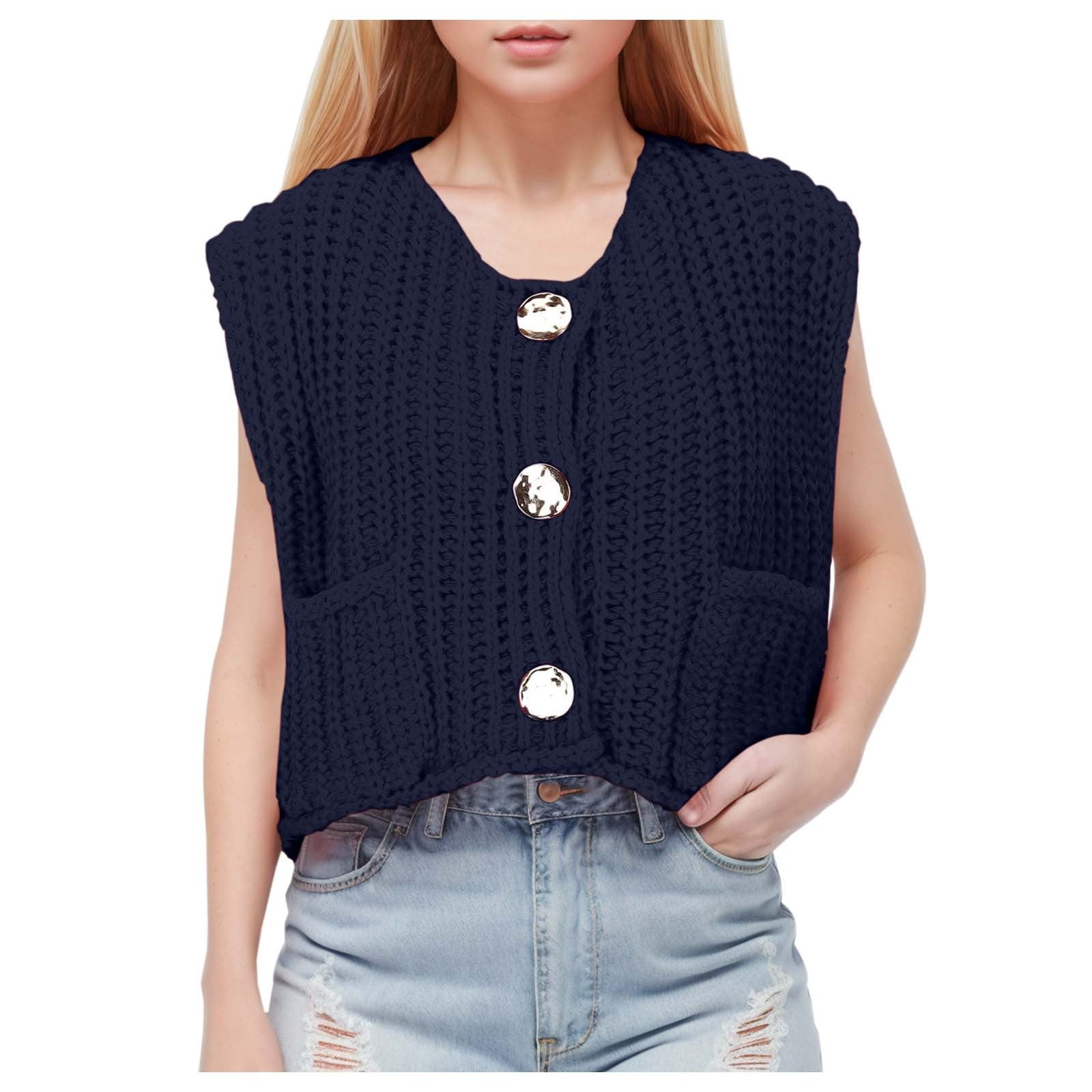 TINZ Women's Sleeveless Solid Color Pocket Button Knit Cardigan