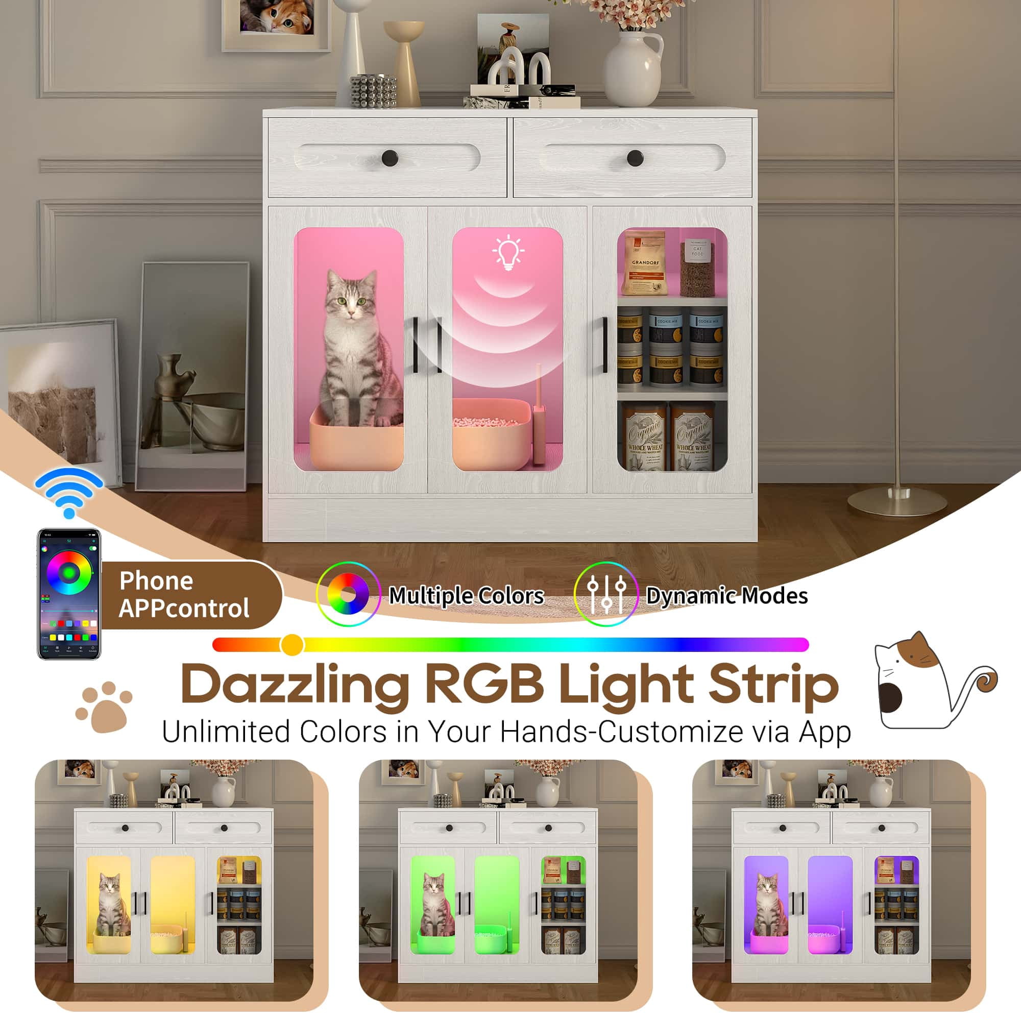 Cat Litter Box Enclosure with Glass Door and Side Access, Hidden Kitty Cabinet with Storage Drawers and Built-in Light, Indoor Cat House Side Table, White