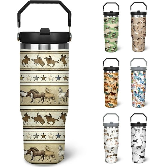30 oz Horse Tumbler With Handle and Straw, 30oz Horse Flip Straw Tumbler Insulated Coffee Travel Mugs Cup Water Bottle Horse Gifts for Horse Lovers Women Girls