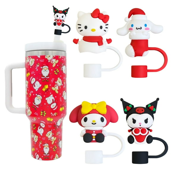 ZHZIYAG 4Pcs Sanrio Christmas Straw Cover for Stanley Cup, 10mm Cartoon Silicone Straw Topper for Stanley Cup 30/497oz Tumblers, Funny Reusable Lid Accessories WW728#476