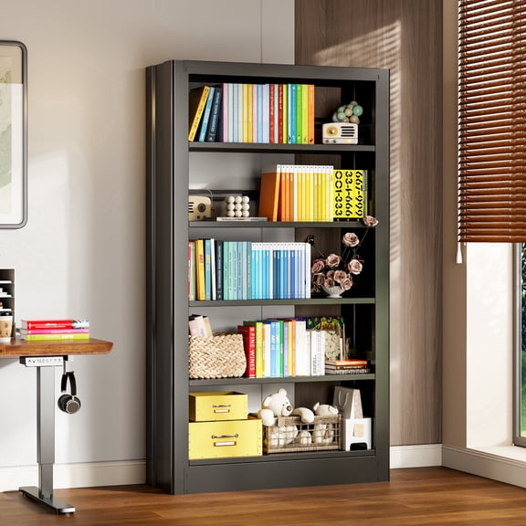 CXUZCZ 5-Tier Metal Bookshelf with Adjustable Shelves & Book Stopper, Heavy Duty Storage Shelf Unit for Library Office Living Room Black