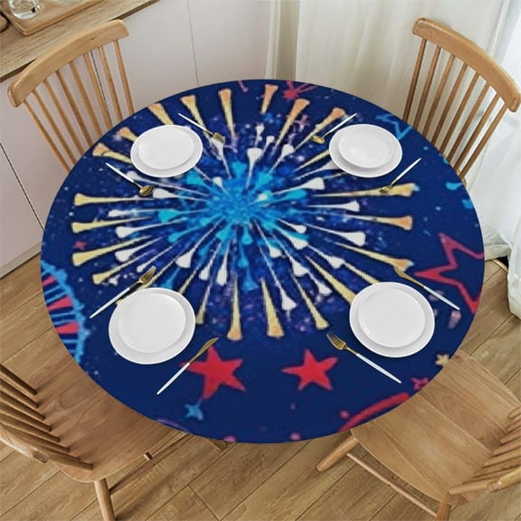 BANET 4th of July Tablecloth Patriotic Decorations Red White and Blue Print Fireworks Memorial Day Backed Table Cloth American Flag Indoor/Outdoor/Pool/Party 31"-35